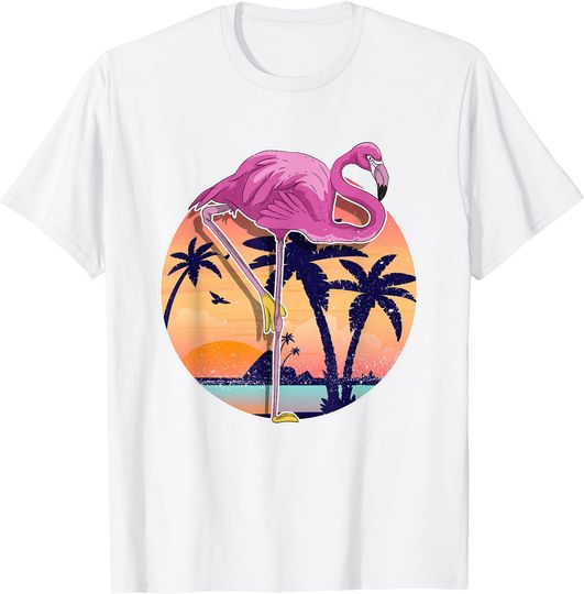 Palm Trees Beach Tropical Bird Animal Pink Flamingo T-Shirt