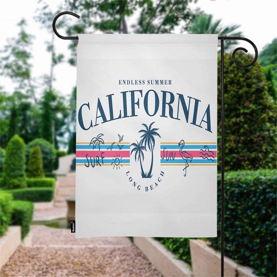 Endless Summer California Long Beach Surf Garden Flag Flamingo