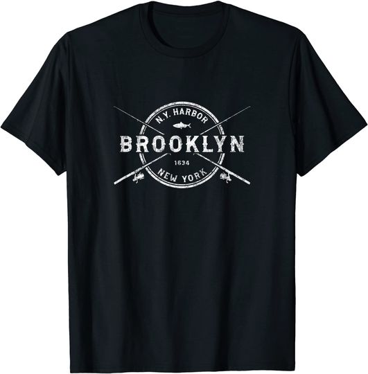 Discover Brooklyn NY Harbor New York Vintage T-Shirt Crossed Fishing Rods