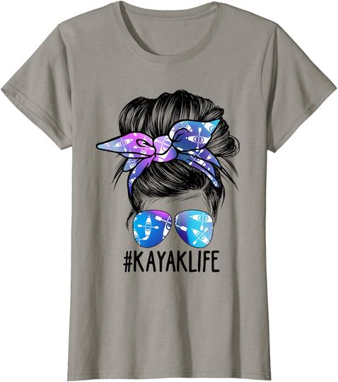Womens XlN  Messy Bun Kayak Mom Kayaking Boating Lover T-Shirt
