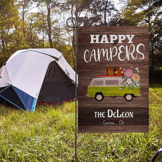 Personalized Happy Camper Garden Flag Custom Family Name Floral RV Trailer Van