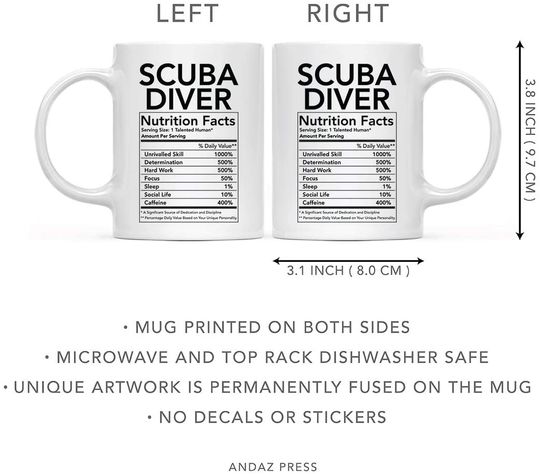 Andaz Press Funny 11oz. Ceramic Coffee Tea Mug Thank You Gift, Scuba Diver Nutritional Facts, 1-Pack, Novelty Gag Birthday Christmas Gift Ideas Coworker