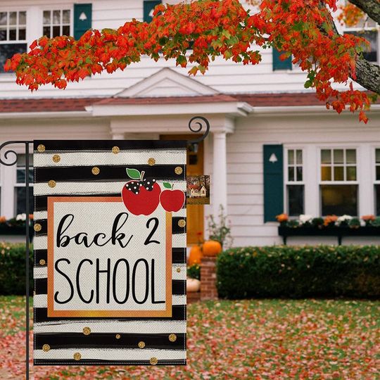 First Day of School Watercolor Stripe Polka Dot Teacher Garden Flag Double Sided, Back to School Appreciation Yard Outdoor Decoration