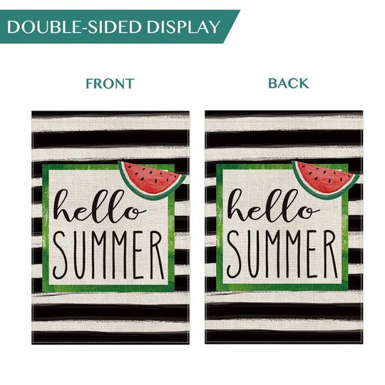 Watercolor Stripes Hello Summer Watermelon Garden Flag Vertical Double Sized, Holiday Party Yard Outdoor Decoration