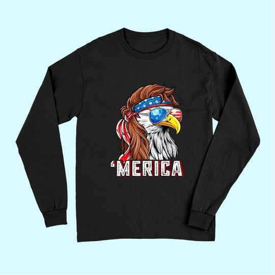 Merica USA American Flag Patriotic 4th of July Bald Eagle Long Sleeves