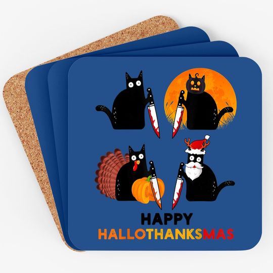 Happy Hallothanksmas Black Cat Halloween Thanksgiving Coaster