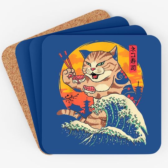 Vintage Japan Art Cat Eating Sushi Retro Japanese Culture Coaster