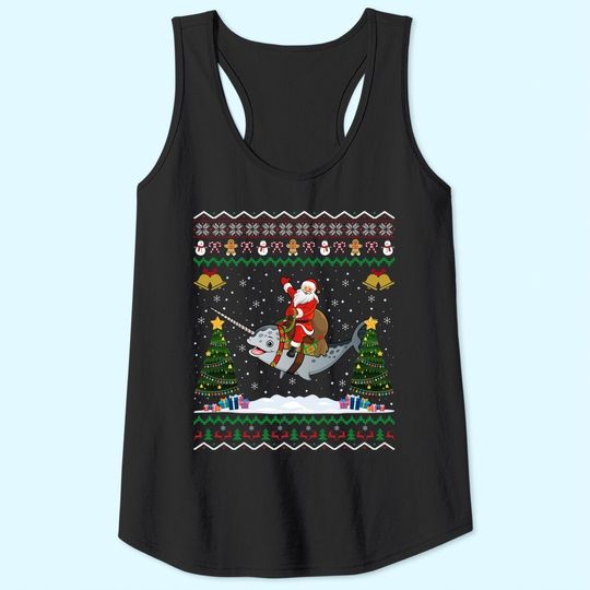 Narwhal Ugly Xmas Gift Santa Riding Narwhal Christmas Tank Tops
