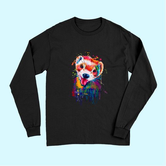 Ferret Face Graphics Hand Drawn Splash Art Pet Lover Long Sleeves