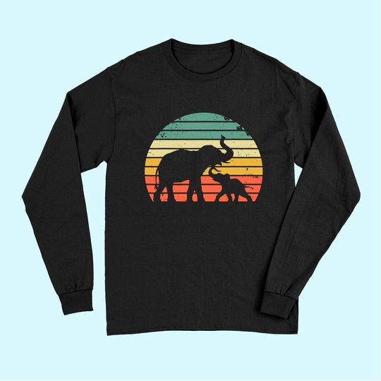 Vintage Elephant Long Sleeves Retro Sunset Colors Silhouette Long Sleeves