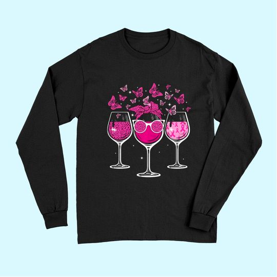 Wine Glass Butterfly Breast Cancer Awareness Pink Ribbon Long Sleeves