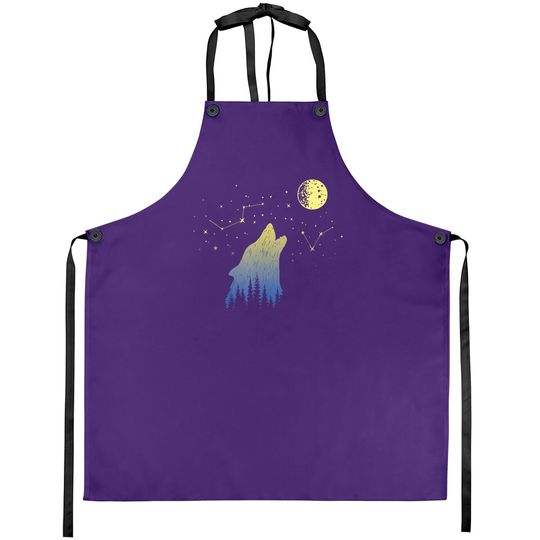 Wolf Howling At Stars Constellations And Moon Apron