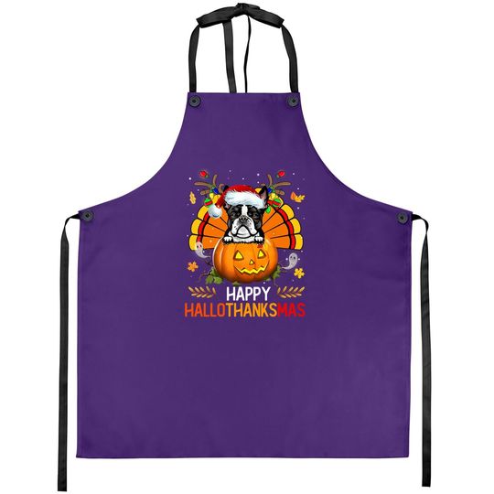 Boston Terrier Happy Hallothanksmas Halloween Thanksgiving Apron