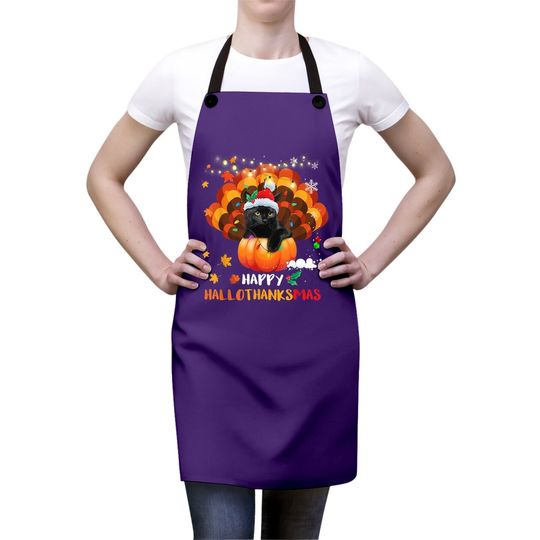 Happy Hallothanksmas Pumpkin Turkey Black Cat Lovers Gifts Apron