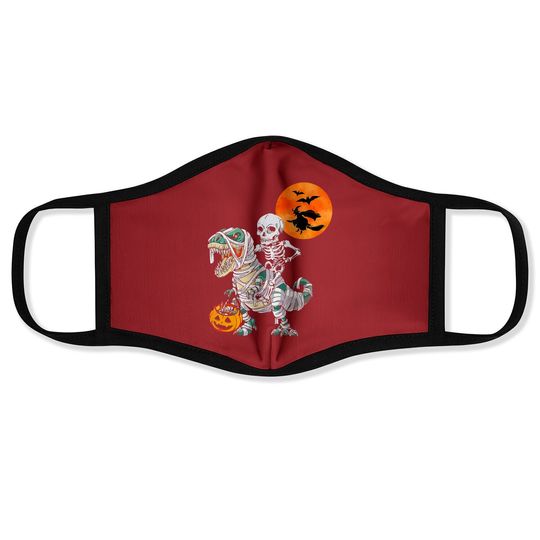Skeleton Riding T Rex Dinosaur Mummy, Pumpkin Halloween Face Mask