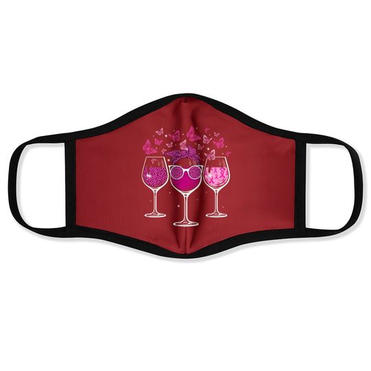Wine Glass Butterfly Breast Cancer Awareness Pink Ribbon Face Mask