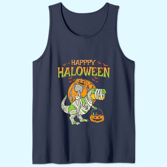 Happy Halloween Kids Pumpkin Skeleton On Trex Funny Halloween Dinosaur Tank Top