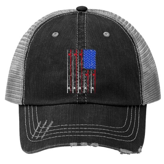American Us Flag Fishing Rod Trucker Hat, Fisherman Top For Him Trucker Hat