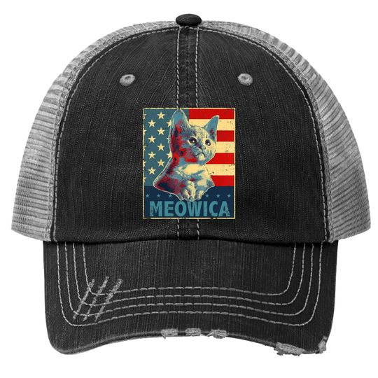 Meowica Cat Patriotic American Flag Trucker Hat