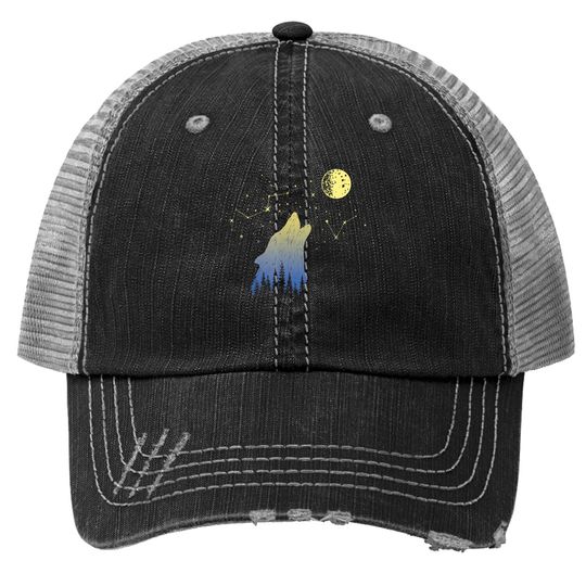 Wolf Howling At Stars Constellations And Moon Trucker Hat