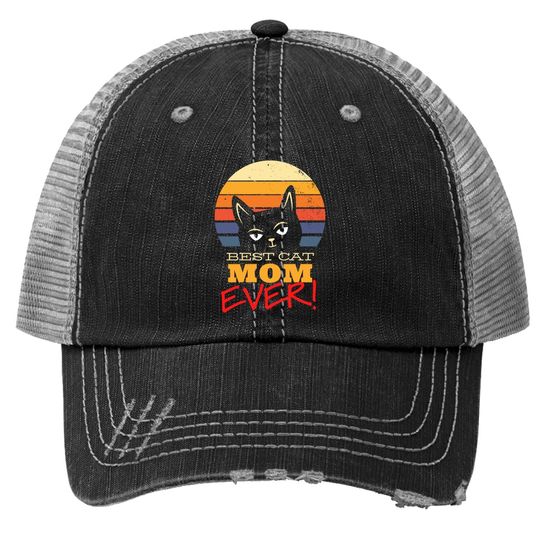 Best Cat Mom Ever Black Cat Quote Retro Sunrise Trucker Hat
