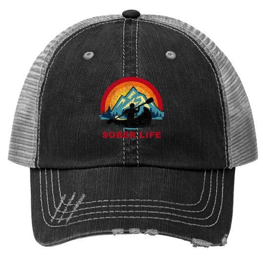 Sober Life Person Canoeing Retro Sunset Aa Na Recovery Trucker Hat