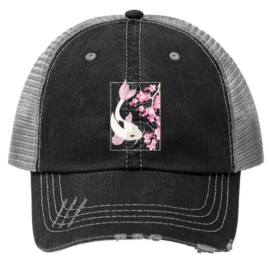 Vintage Cherry Blossom I Japanese Fish I Koi Carp Trucker Hat