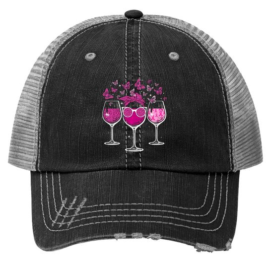 Wine Glass Butterfly Breast Cancer Awareness Pink Ribbon Trucker Hat