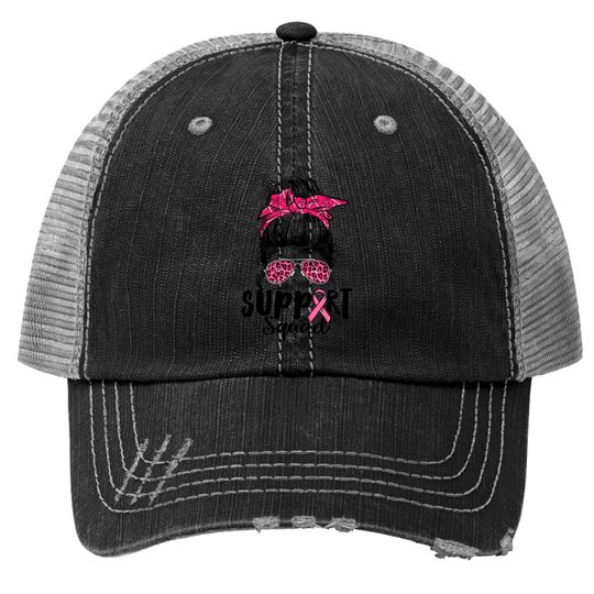 Support Squad Messy Bun Pink Warrior Breast Cancer Awareness Trucker Hat