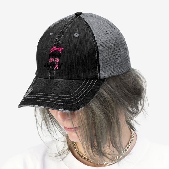 Support Squad Messy Bun Pink Warrior Breast Cancer Awareness Trucker Hat