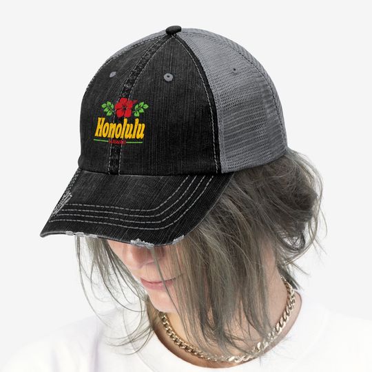 Honolulu Hawaii Flowers Distressed Color Print Trucker Hat