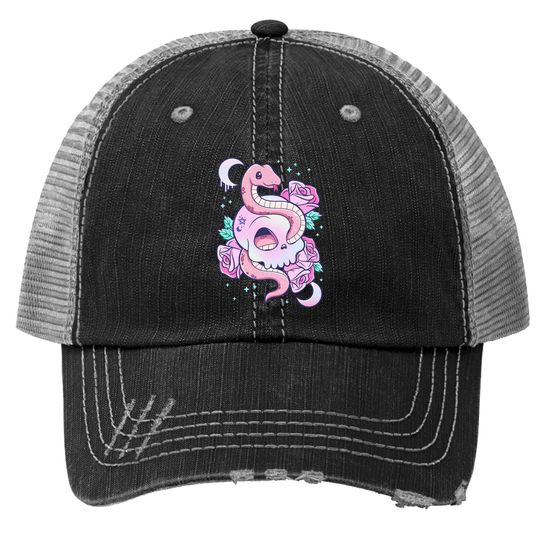 Kawaii Pastel Goth Creepy Skull Serpent Snake Roses Trucker Hat