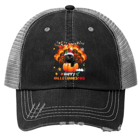 Happy Hallothanksmas Pumpkin Turkey Black Cat Lovers Gifts Trucker Hat