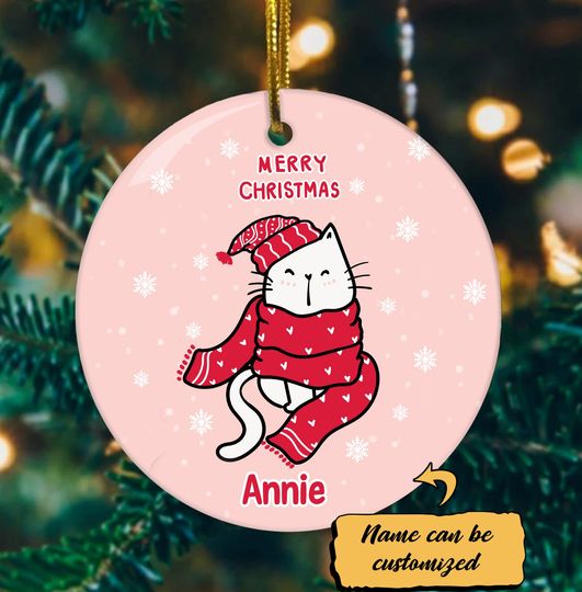 Merry Christmas Cat Personalized Ceramic Circle Custom Ornament