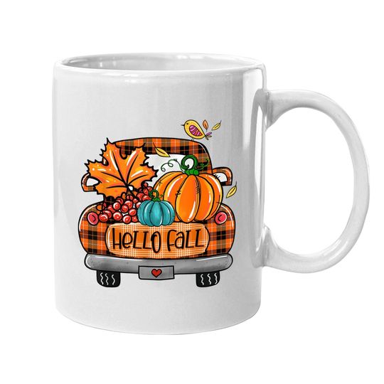 Hello Fall Orange Plaid Truck Pumpkin Fall Autumn Coffee Mug