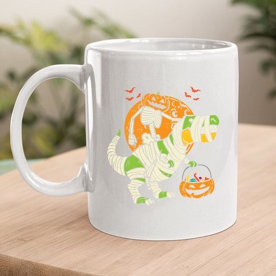 Pumpkin Skeleton On Trex Funny Halloween Dinosaur Coffee Mug