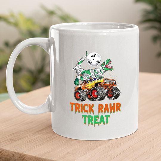 Trick Rawr Treat Halloween Boys Dinosaur T Rex Riding Monster Truck Coffee Mug