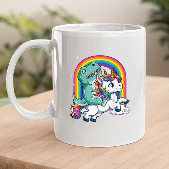 Dinosaur Riding Unicorn Coffee.  mug Rainbow Gifts T Rex