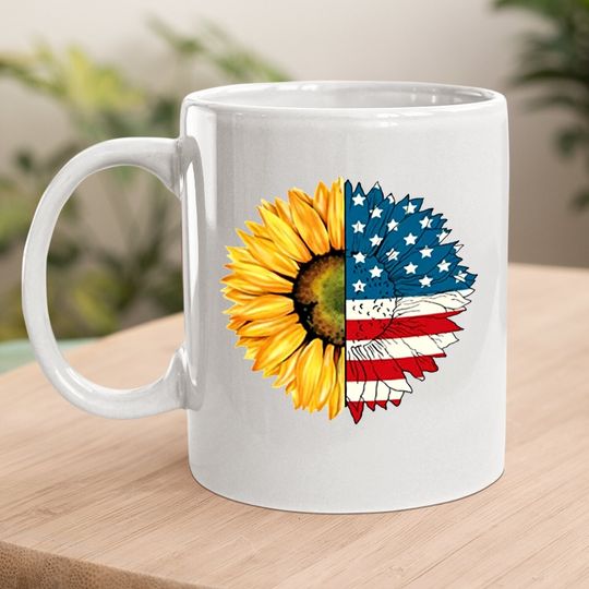 Honeygod 4th July American Patriotic Flower Coffee Mug Sunflower American Flag Coffee Mug Graphic Crew Neck Short Sleeve Mug