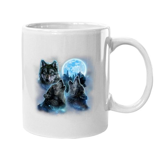 Three Wolves Howling Under Icy Full Moon Coffee Mug