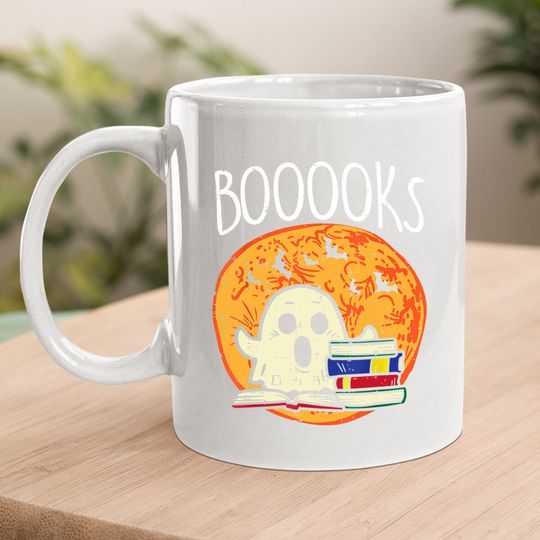 Boooks Moon Ghost Halloween Bookworm Librarian Teacher Book Coffee Mug