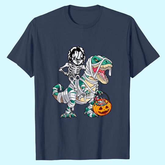 Chucky Riding Mummy Dinosaur T-rex Halloween T-Shirt