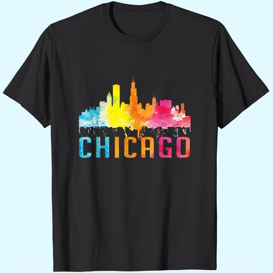 Chicago Illinois Retro Watercolor Skyline Art Souvenir T Shirt