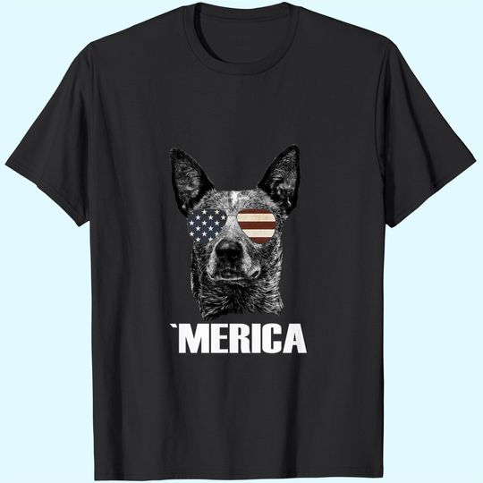 Merica Australian Cattle Dog with USA Flag Sunglasses T-Shirt