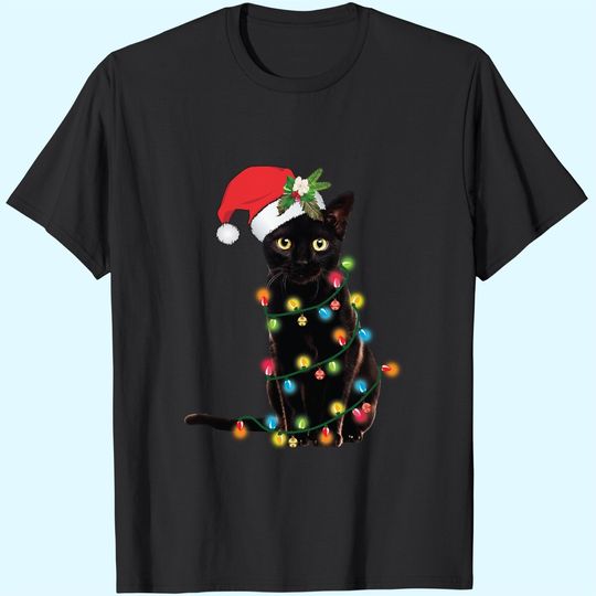 Santa Black Cat Tangled Up In Christmas Tree Lights Holiday T-Shirt