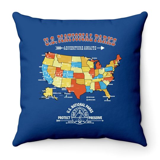 63 National Parks Map - Vintage American Hiking Camping Gift Throw Pillow