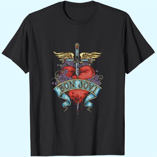 Bon Jovi Heart Black Adult T-Shirt Tee