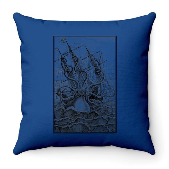 Giant Octopus Pirate Ship Vintage Kraken Sailing Squid Throw Pillow