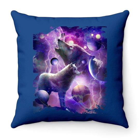 Cosmic Wolf Howling At Moon In Spacet Throw Pillow