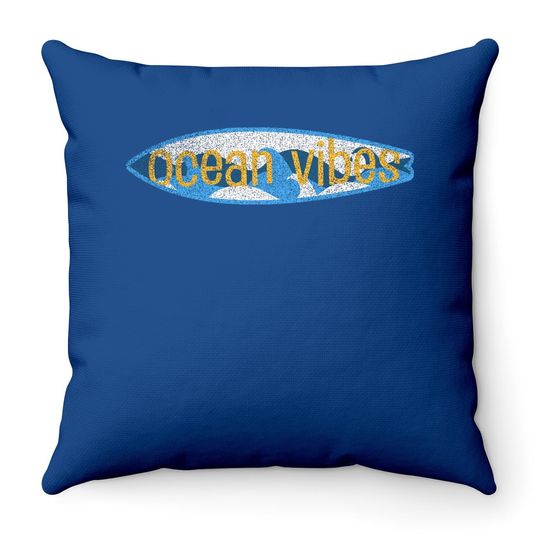 Vintage Ocean Vibes Surfboard Surf Beach Waves Blue Ocean Throw Pillow